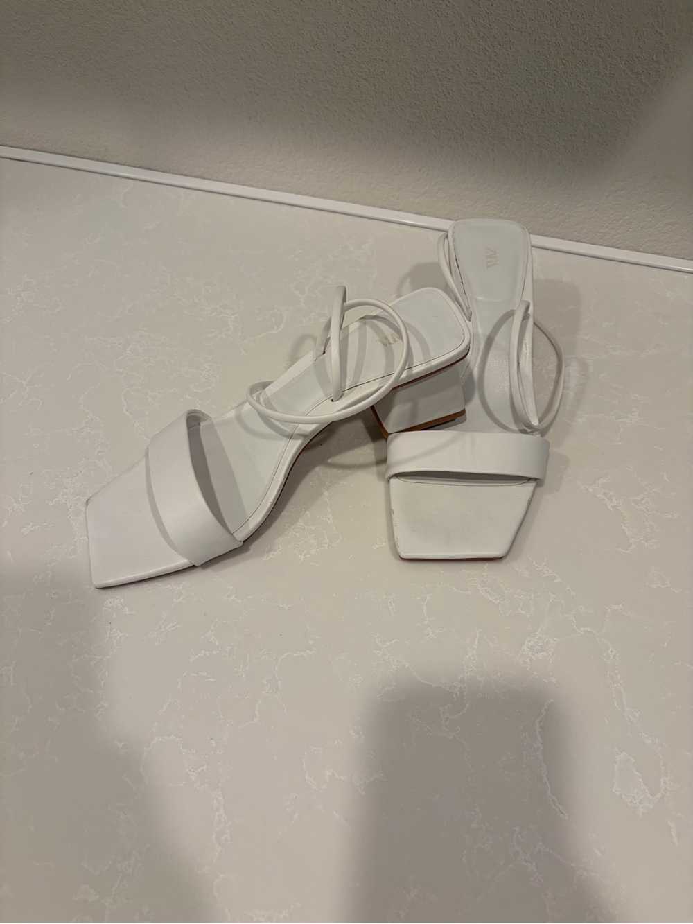 Zara White Square-Toe Strappy Block Heels
